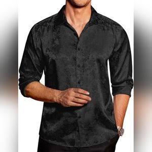 COOFANDY Men's Satin Dress Shirt Jacquard Long Sleeve FloralButton Up Sz L NWT